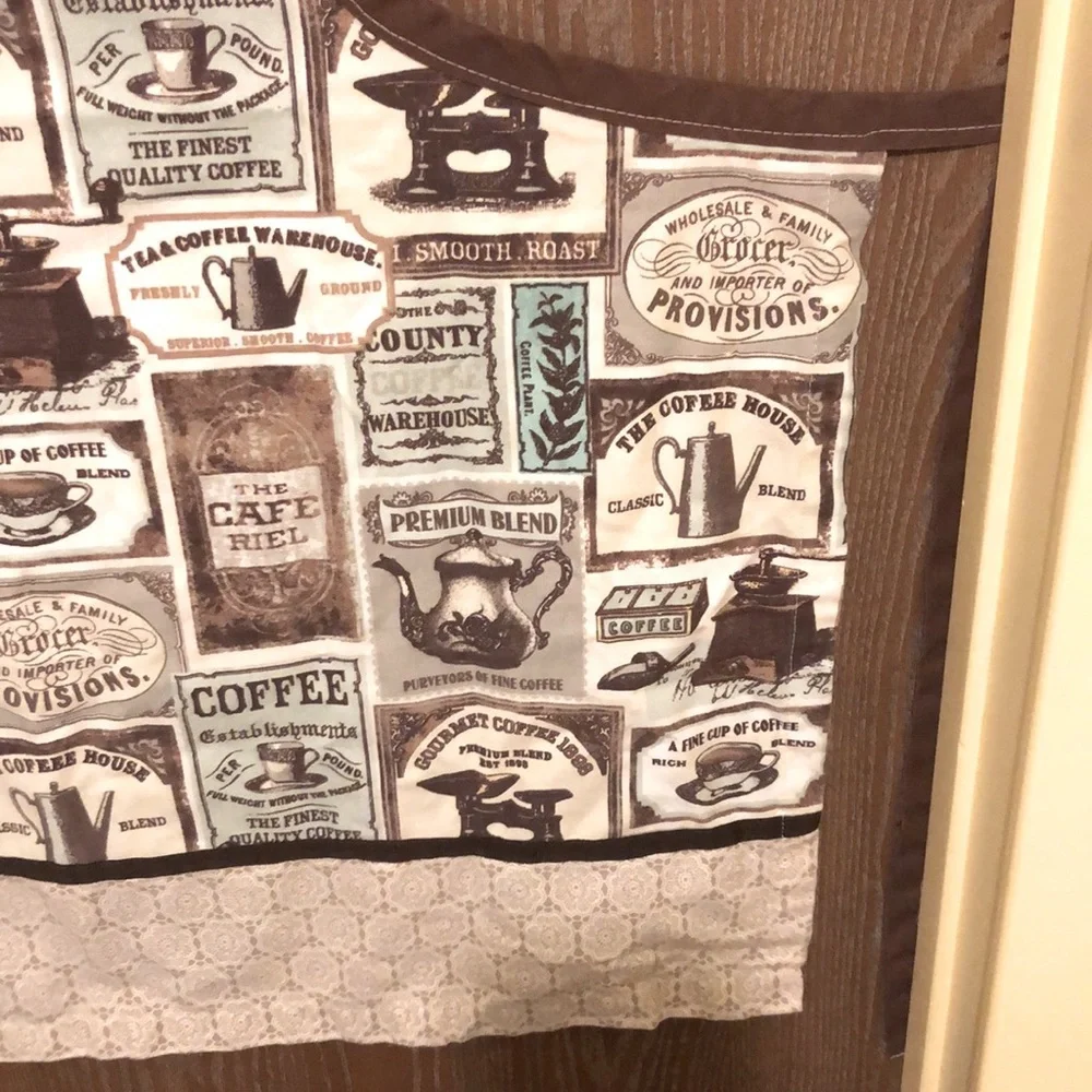 Coffee Motif Cotton Apron - 25”x28”, each waist tie is 24” long